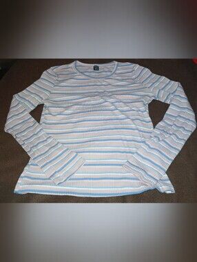 Pre-loved Girl's Shein Pink, Blue & White Striped Ribbed Crew Sweater Top.
